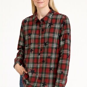 Joan Rivers Red and Green Plaid Shirt with Black Stars